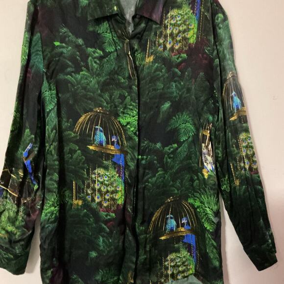 Fête Impériale Paris Green Botanical Peacock Print Button Front Blouse T36 - Picture 9 of 10